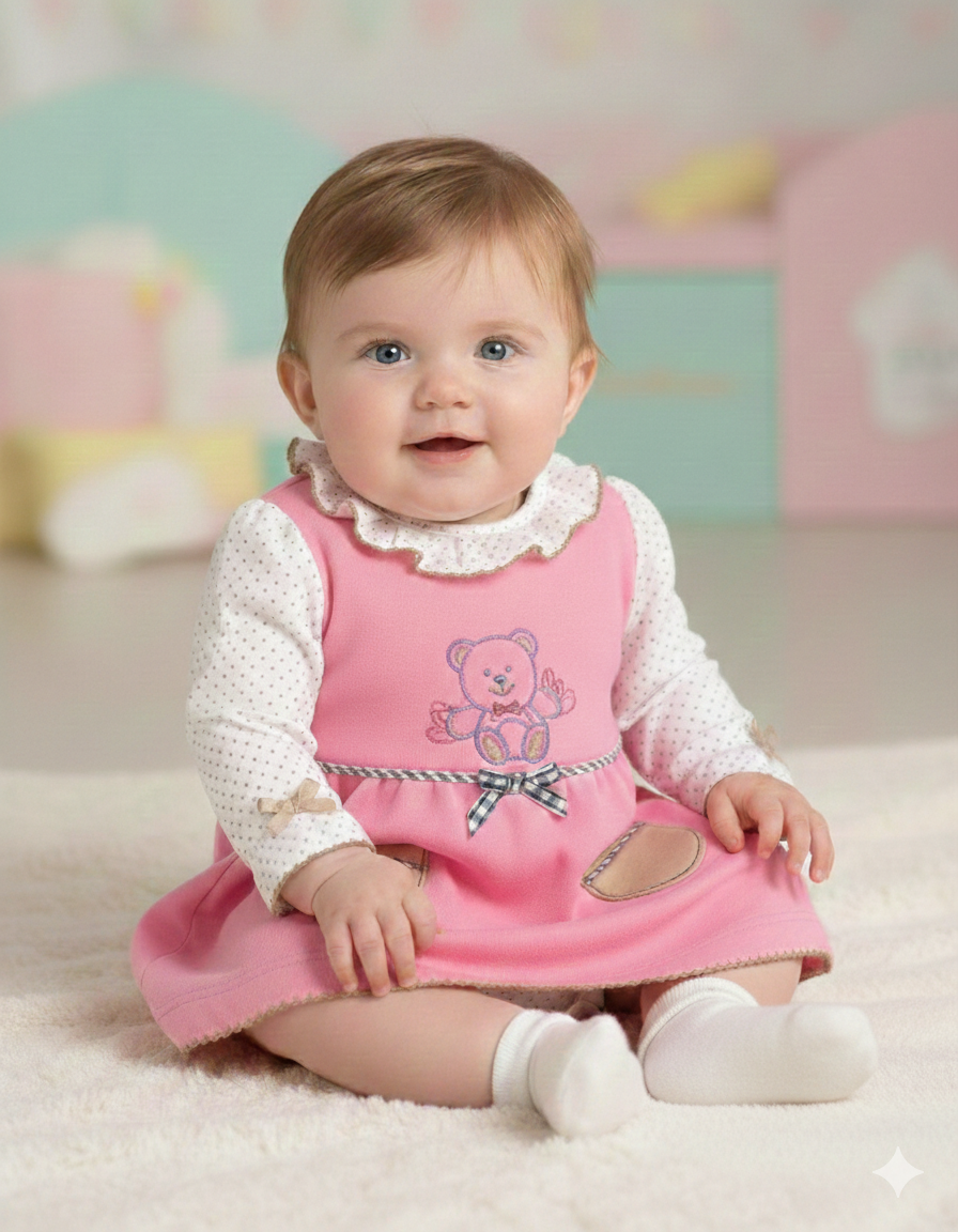 Bebé sorridente com vestido rosa sentado num tapete num quarto colorido em fundo desfocado.