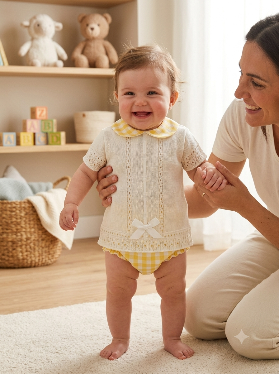 Bebé vestindo body amarelo e camisola de malha creme com mulher a segurá-lo num quarto infantilm