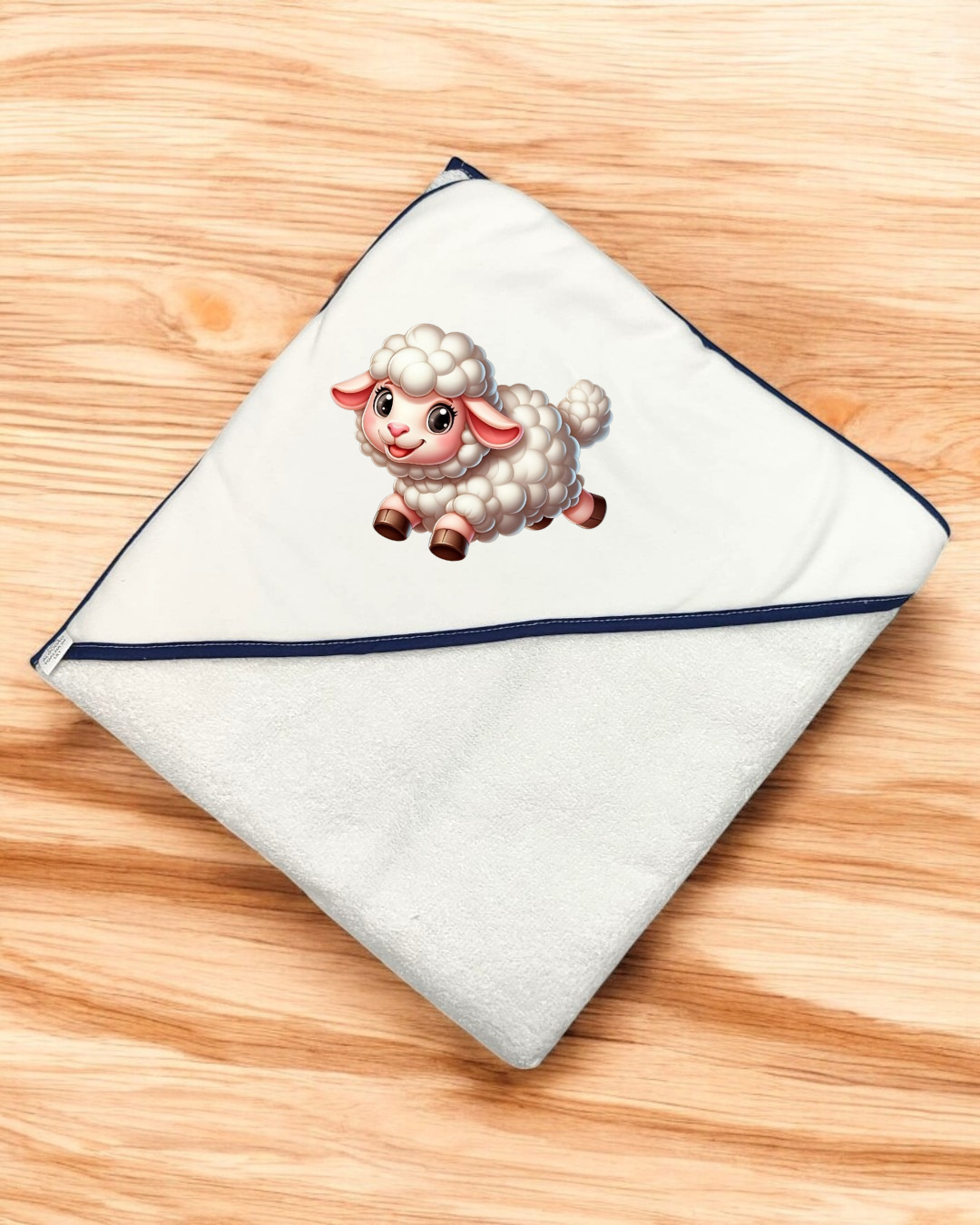 Toalha de banho branca com borda azul e desenho de cordeiro