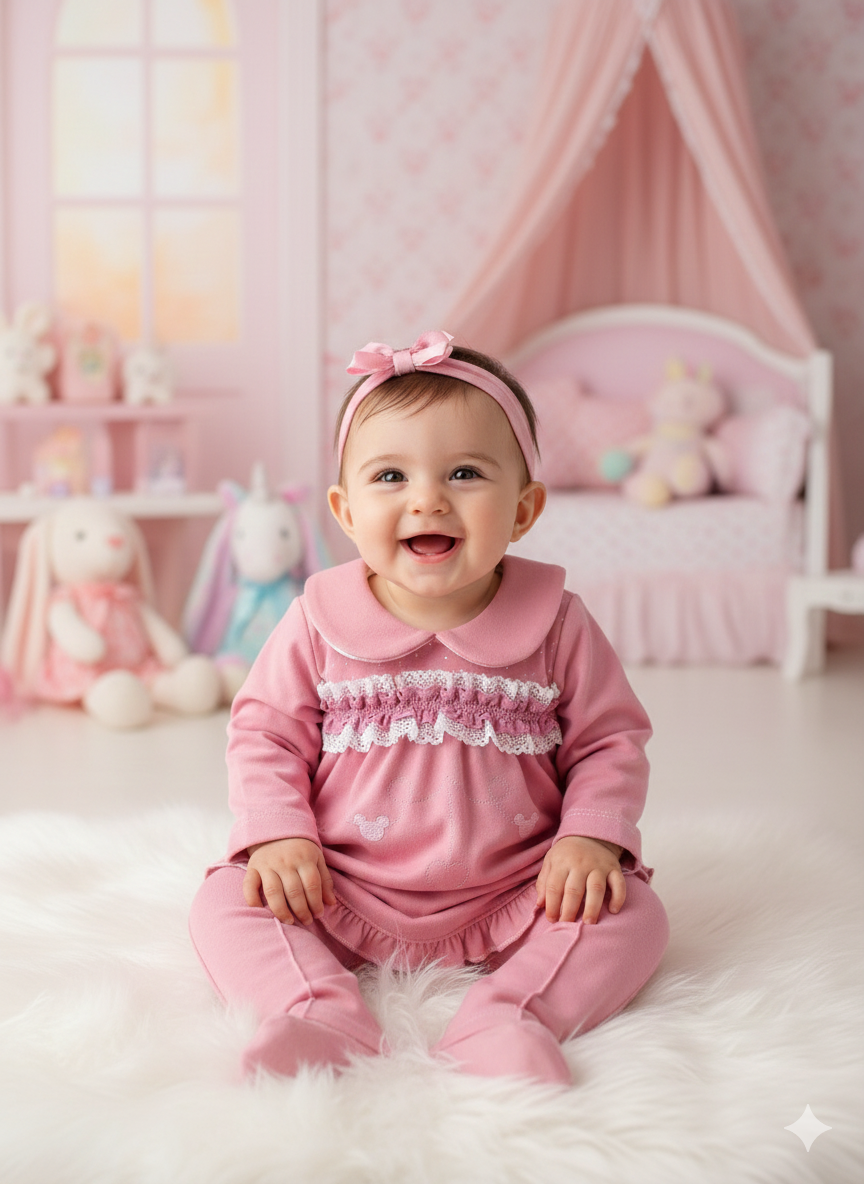 Bebé sorridente de pijama rosa sentada em tapete branco felpudo em quarto infantil cor de rosa