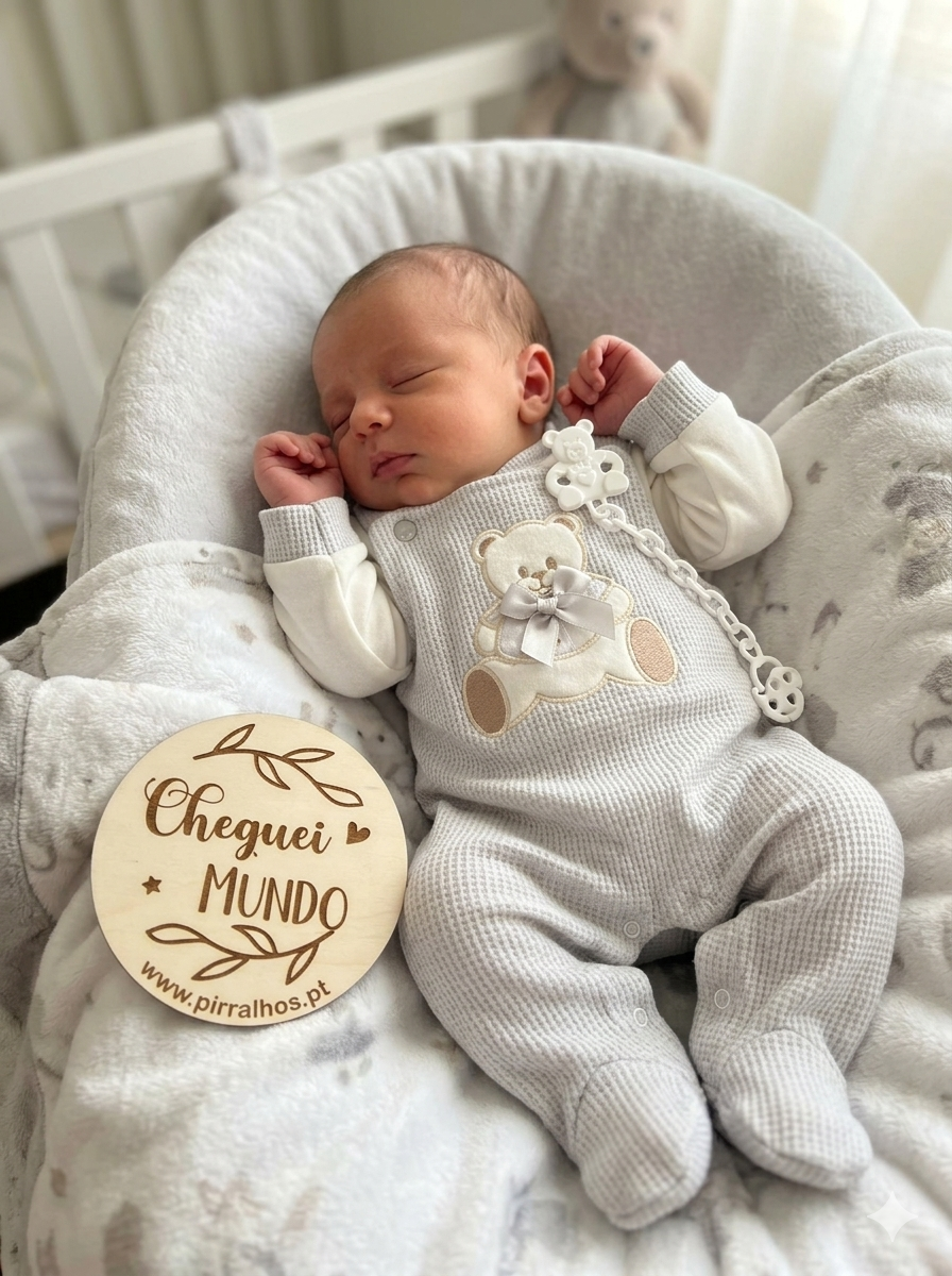 Bebé a dormir vestido com fato cinzento claro com ursinho, em almofada cinzenta com círculo de madeira Cheguei MUNDO.