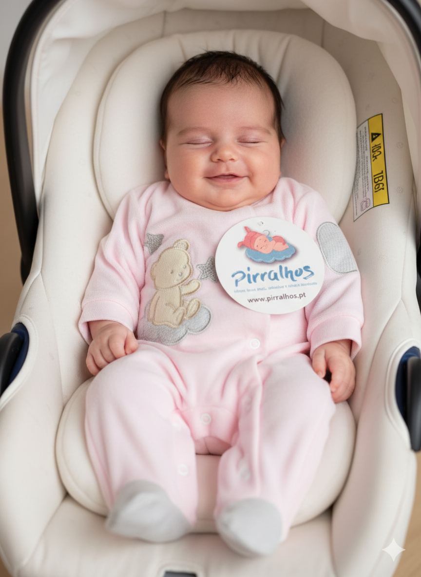 Bebé sorridente em fato de pijama rosa numa cadeira de bebé branca acolchoada