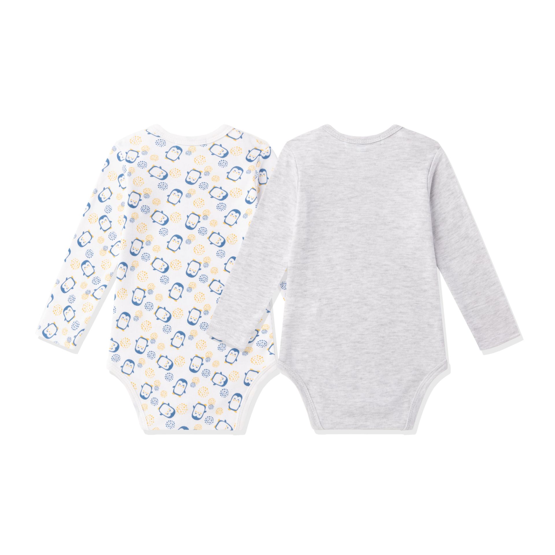 Dois bodys de bebé de manga comprida, um cinza liso e outro branco com padrão de ursos.