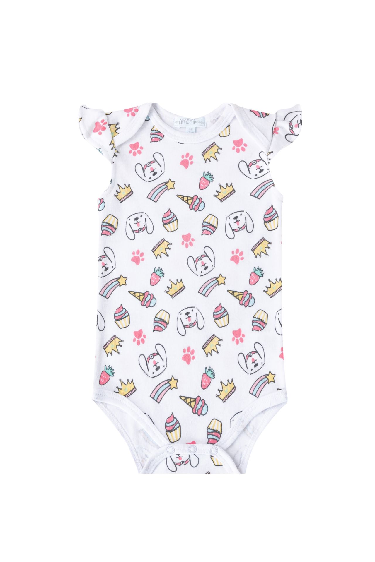 Body de bebé branco com estampados de cães, coroas, gelados e morangos