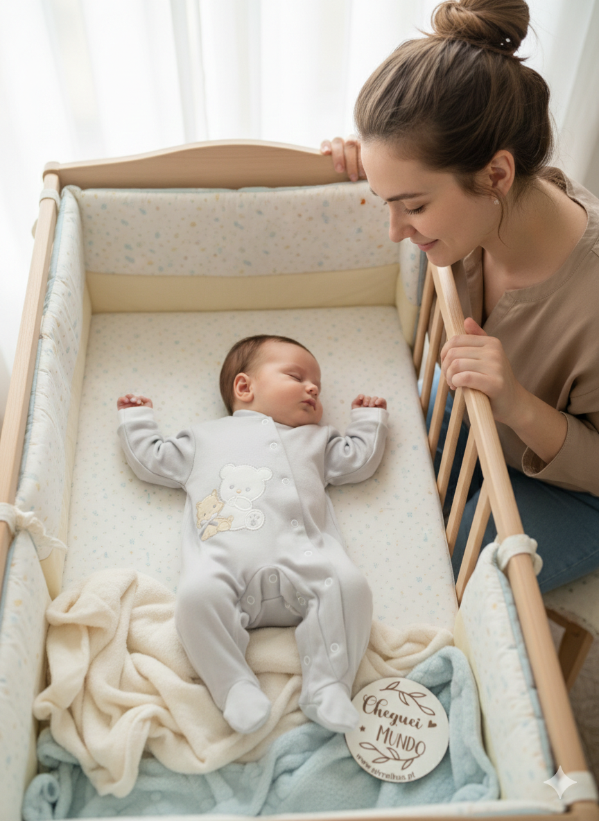 Berço de madeira com bebé a dormir, cobertores e placa com texto.