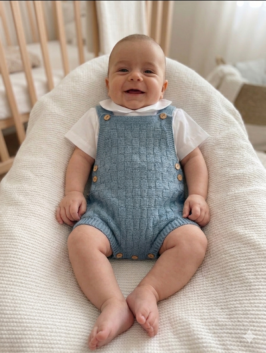 Bebé sorridente com babygrow azul claro e t-shirt branca sentado numa almofada cremosa.