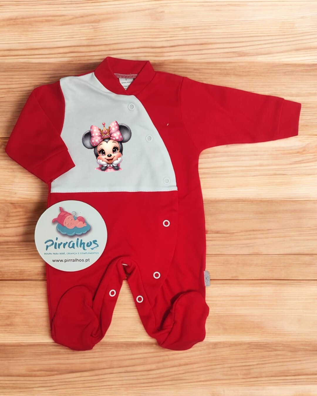 Macacão de bebé vermelho e branco com Minnie Mouse e etiqueta pirralhos