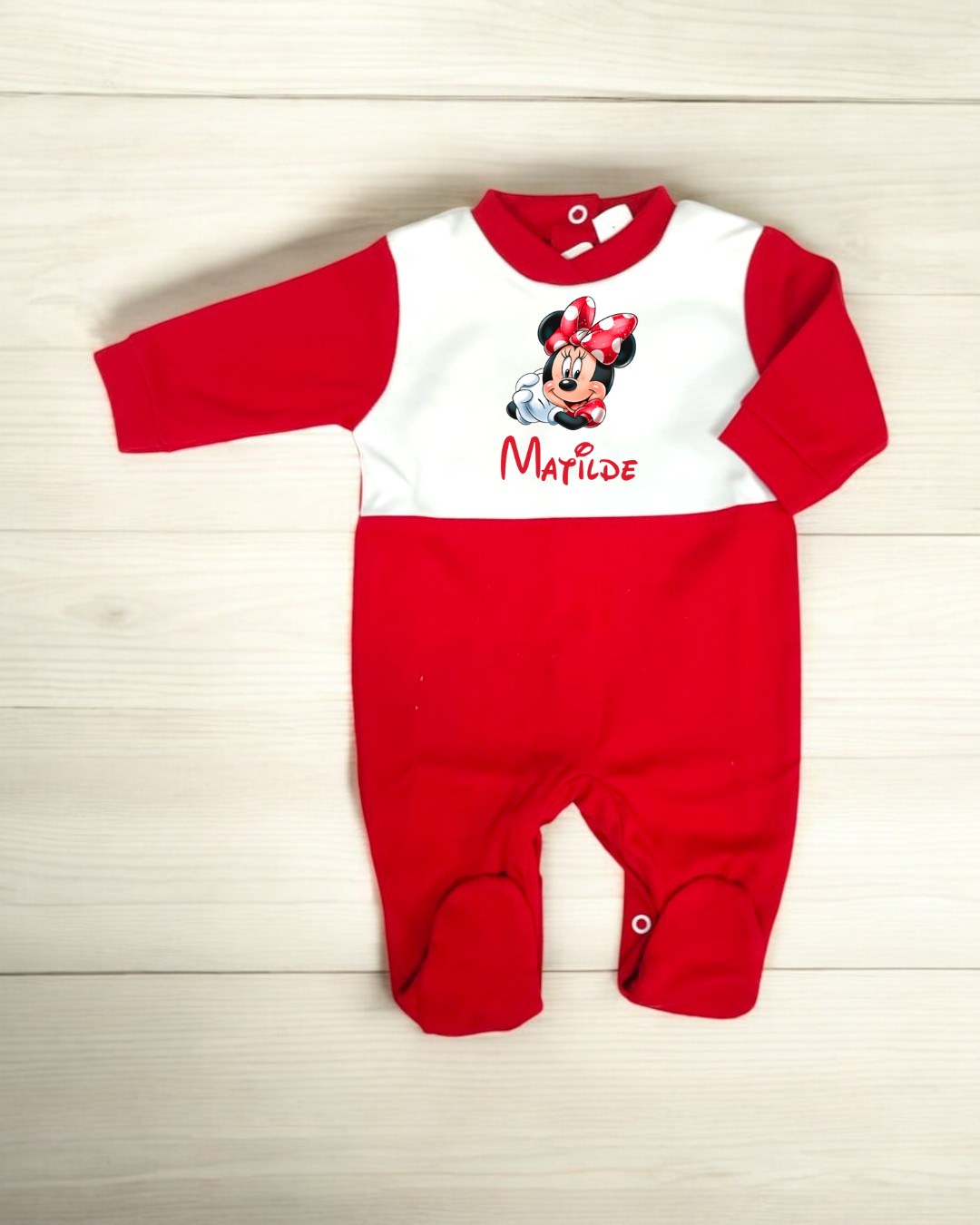 Macacão de bebé vermelho e branco com Minnie Mouse e nome Matilde