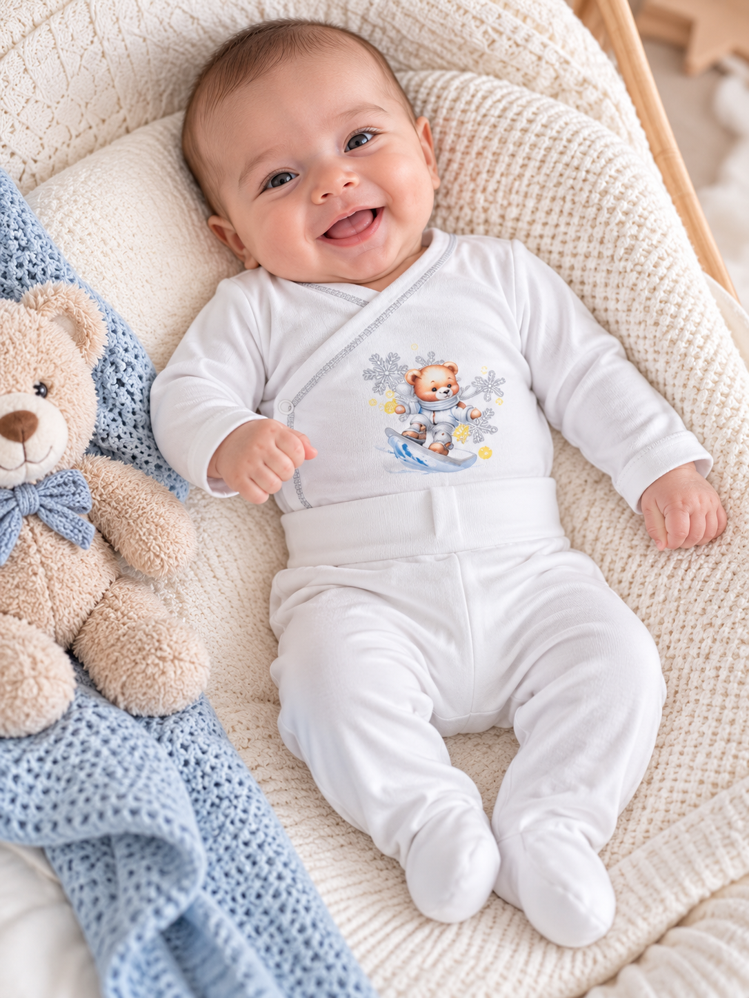 Bebé com macacão branco com estampa de urso a fazer snowboard, deitado no berço com manta bege e urso de peluche com laço azul