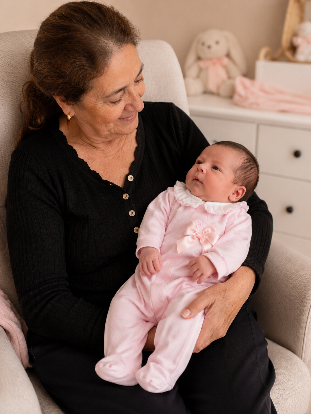 Bebé vestido com macacão rosa ao colo de mulher com camisola preta numa cadeira creme