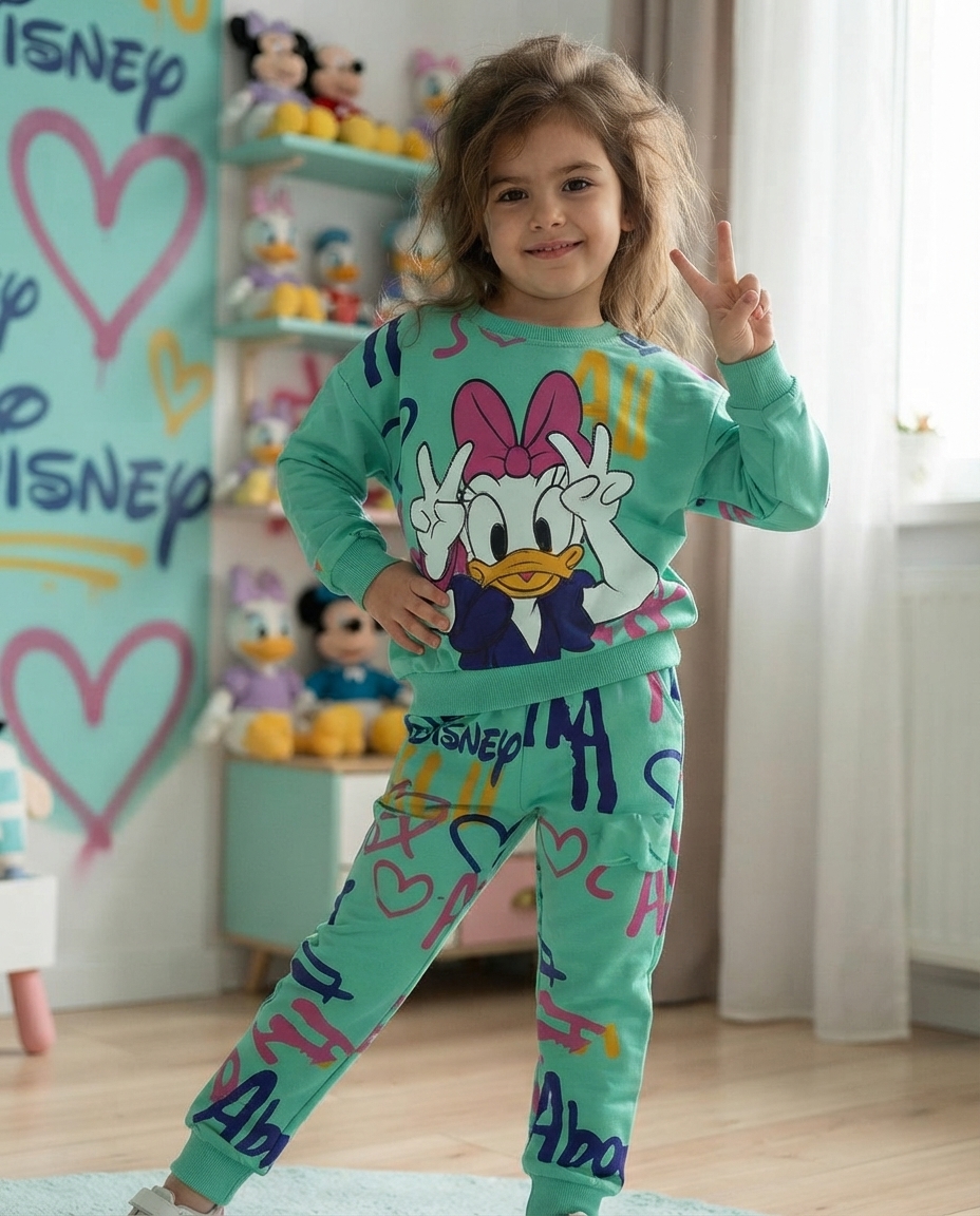 Criança com pijama verde da Margarida em divisão com decoração Disney