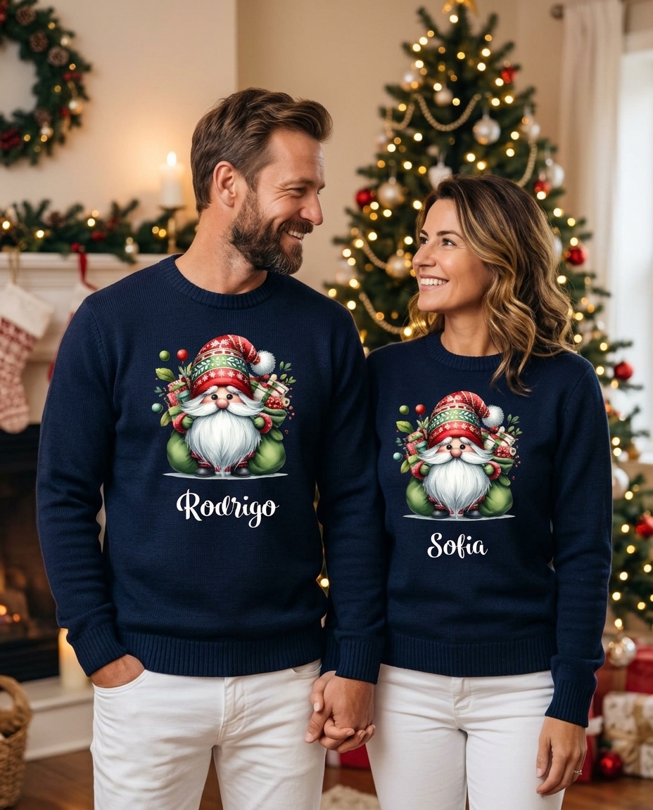 Casal com camisolas de Natal personalizadas em azul-marinho com duendes e nomes, árvore de Natal iluminada ao fundo