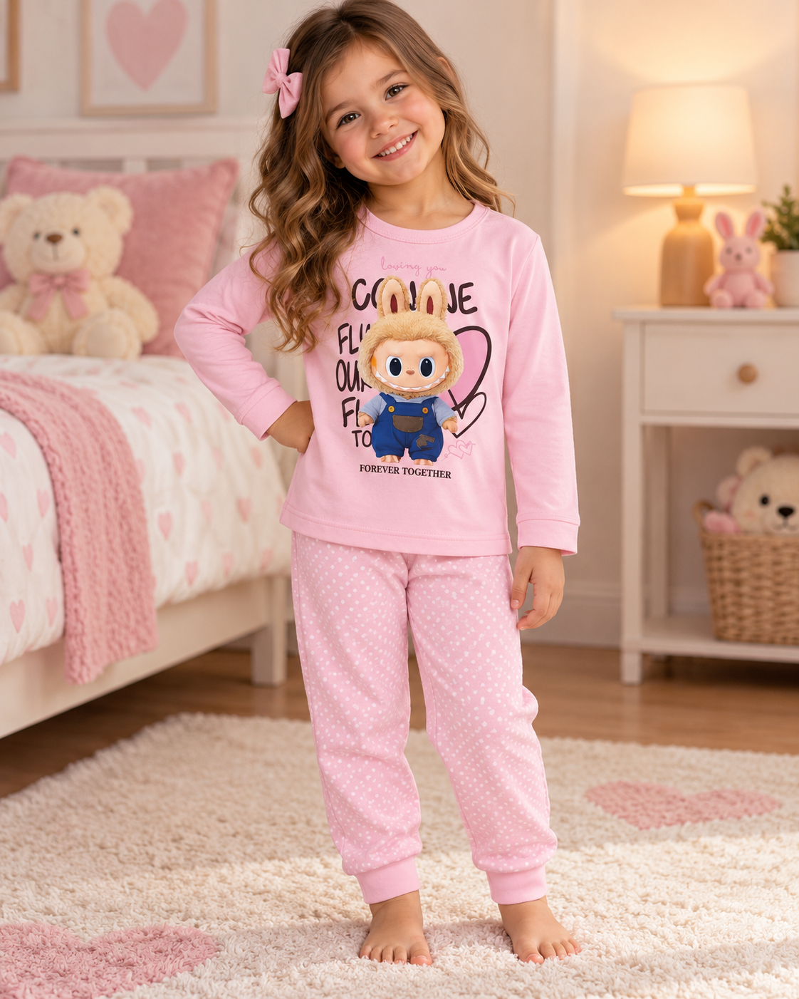 Pijama infantil rosa com estampa frontal e padrão de pontos brancos nas calças
