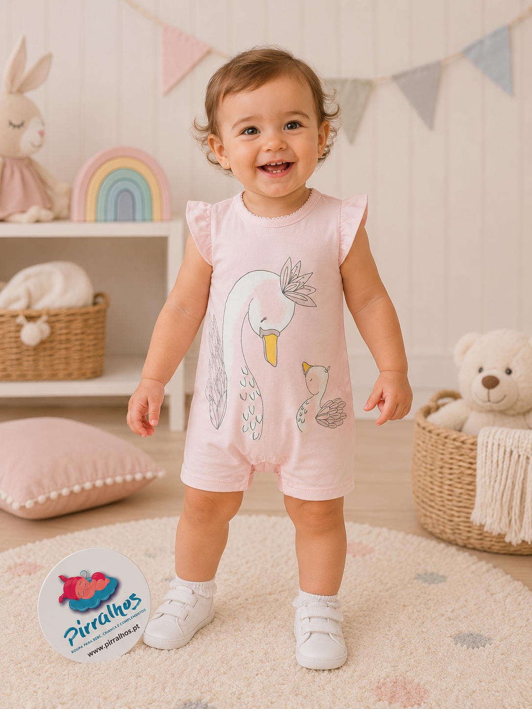 Bebé com macacão rosa claro com desenho de cisnes em ambiente infantil acolhedor