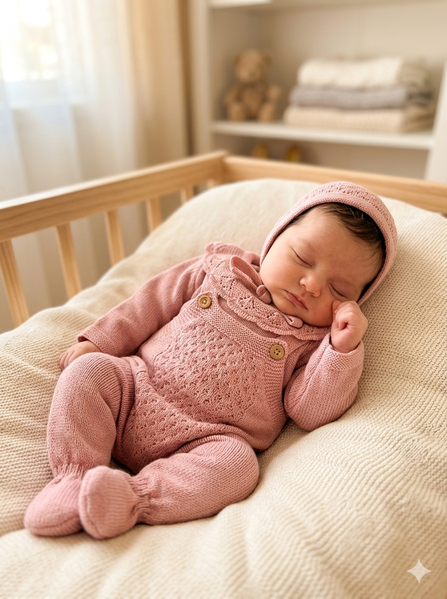 Bebé a dormir vestido com roupa de malha rosa num berço de madeira clara.