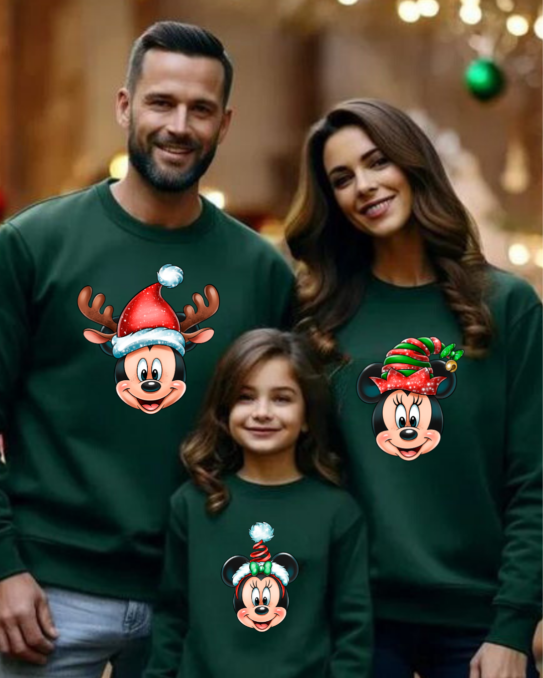 Família com sweatshirts verdes com Mickey e Minnie natalícios, ambiente interior festivo