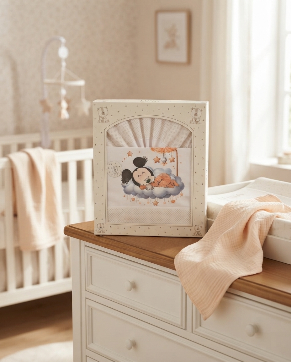 Conjunto de roupa de bebé em caixa com personagem a dormir e estrelas, sobre cómoda branca.