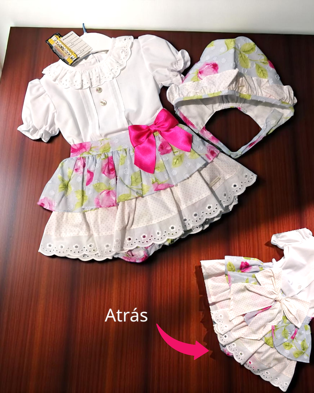 Conjunto de roupa para bebé com vestido branco, saia florida, laço rosa e gorro floral