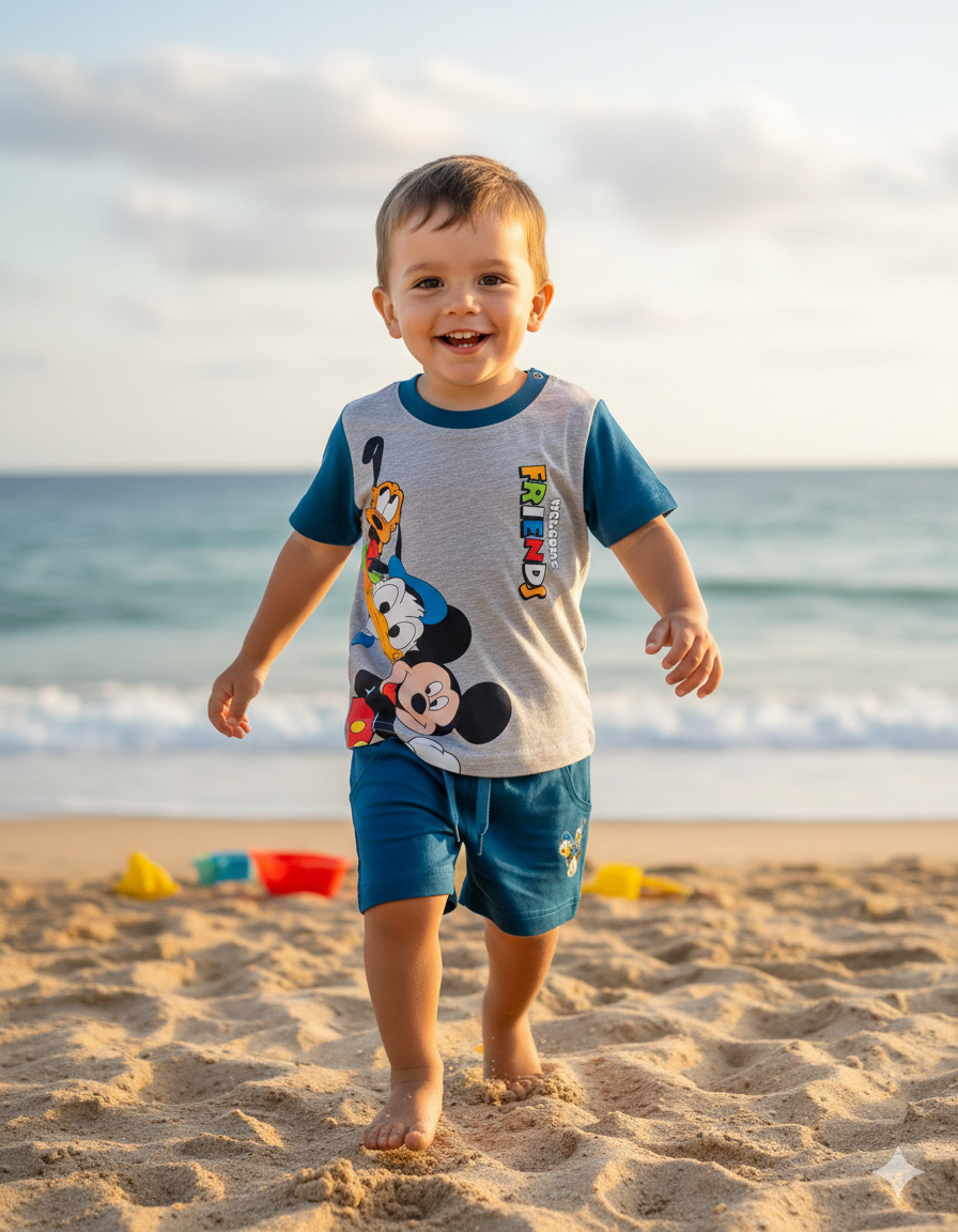Menino pequeno na praia com roupa infantil azul e cinza com personagens Disney