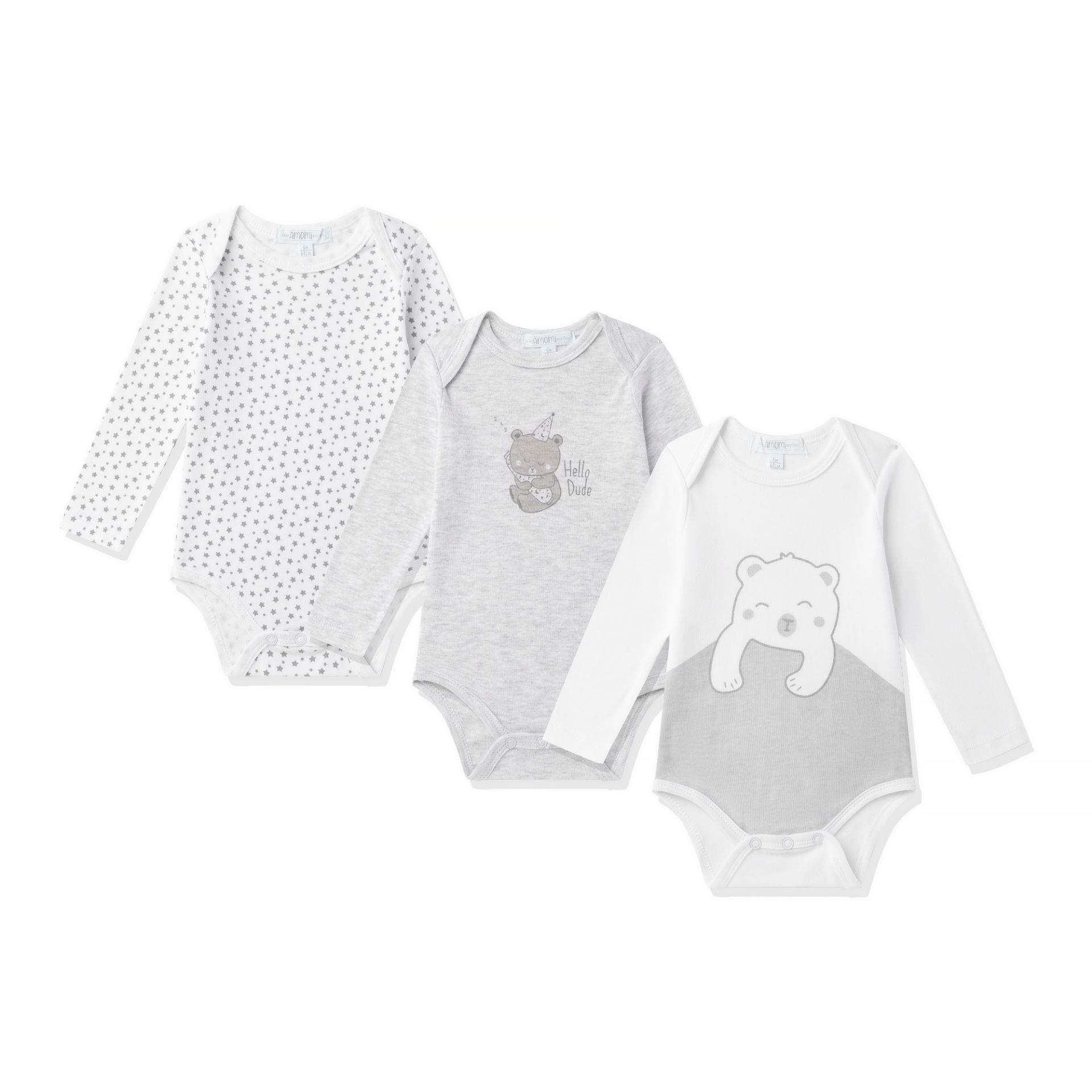 Três bodies de bebé cinza e branco com diferentes padrões e desenhos.