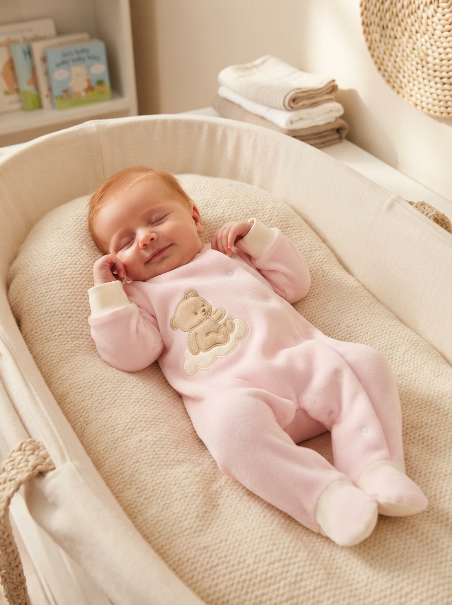 bebé a dormir em cama confortável com roupa rosa e ursinho bordado