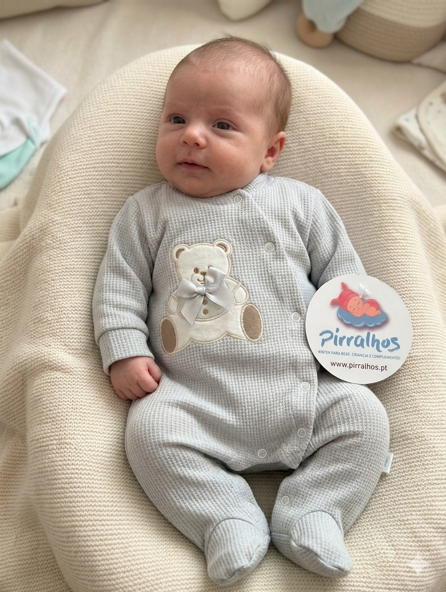 Bebé vestido com macacão cinza claro com ursinho aplicado sentado numa almofada creme tricotada