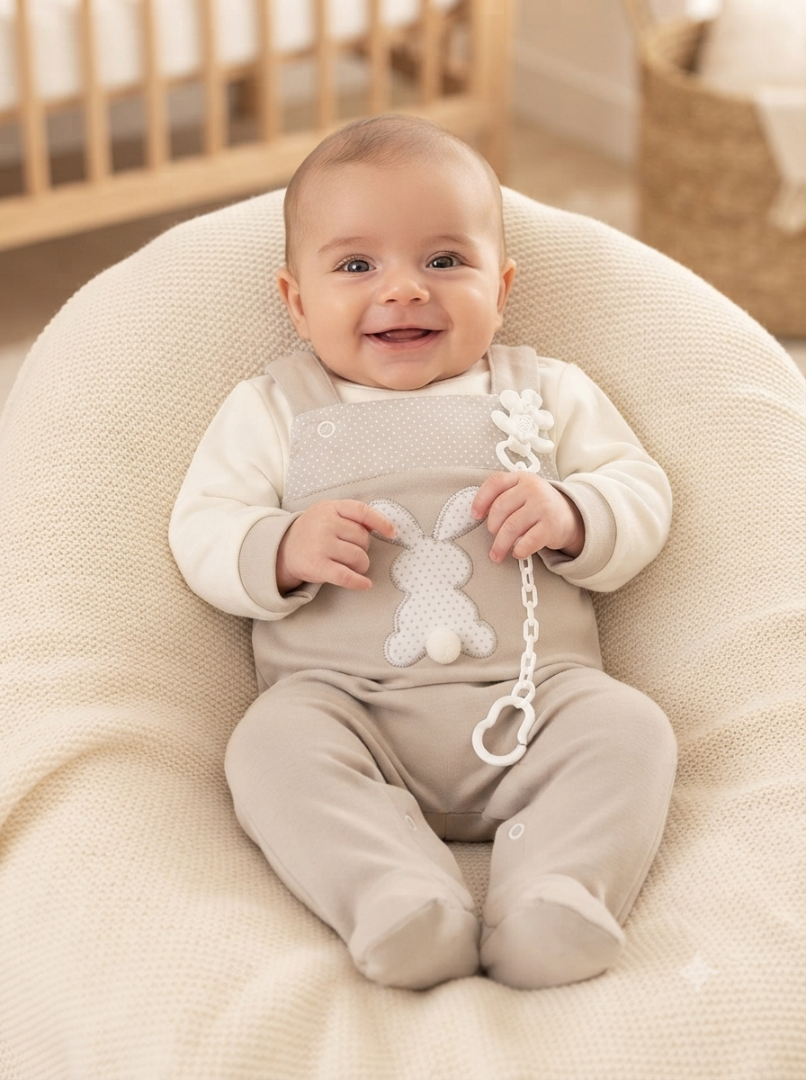 Bebé a sorrir sentado em sofá-beanbag creme com babygrow bege com padrão de coelho e fita de encaixe branca