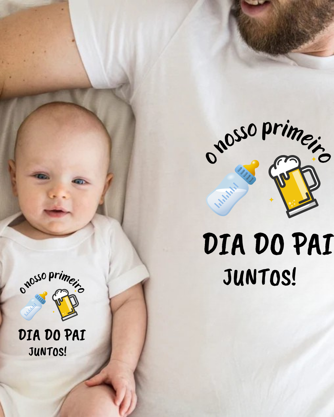 T-shirts brancas com texto e imagens para o Dia do Pai, usadas por adulto e bebé