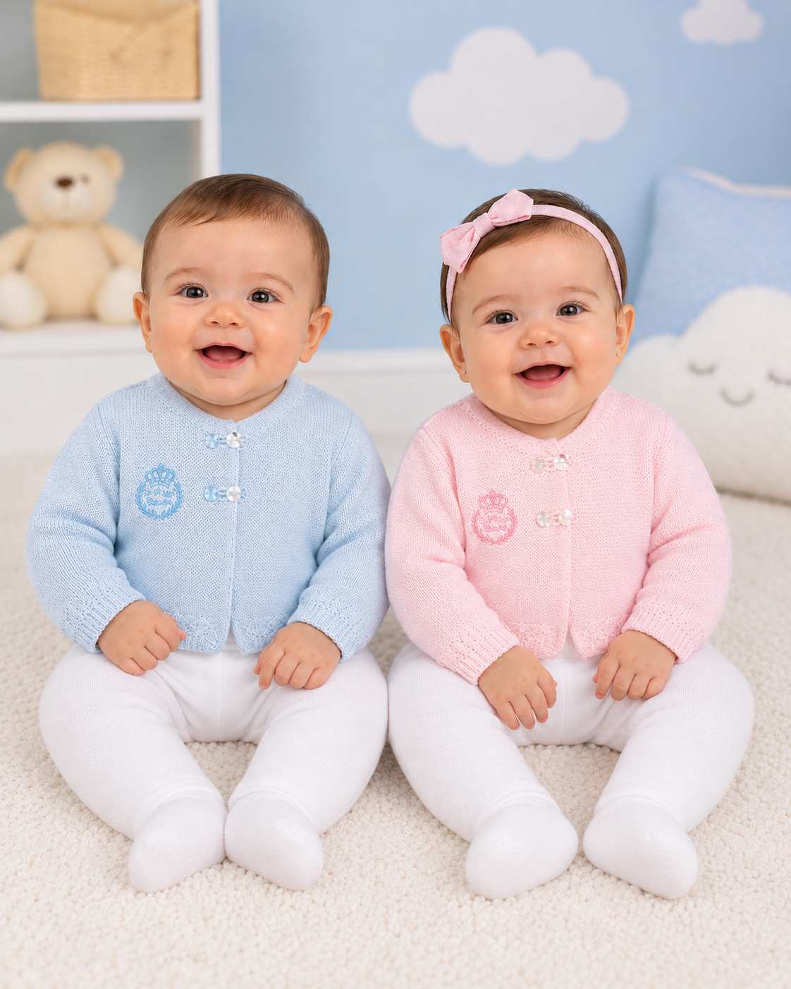 Dois bebés com casacos de malha azul e rosa sentados em tapete, fundo com urso de peluche e almofada azul com nuvens