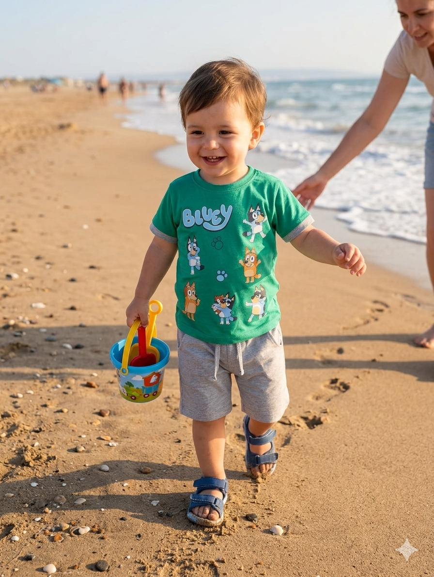 Criança com camisola verde BLUEY, calções cinza e sandálias azuis na praia a segurar balde de plástico azul