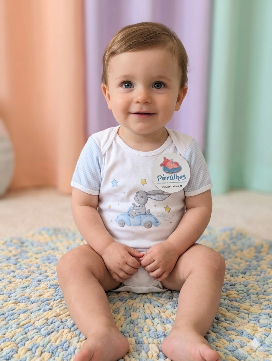Bebé sentado em tapete malhado usando body branco e azul com estampa de coelho e carro