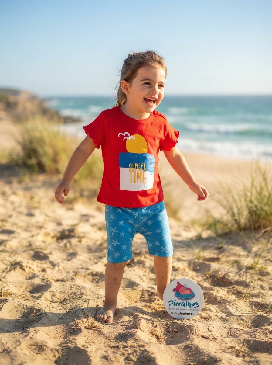 Criança com roupa colorida na praia, mar ao fundo