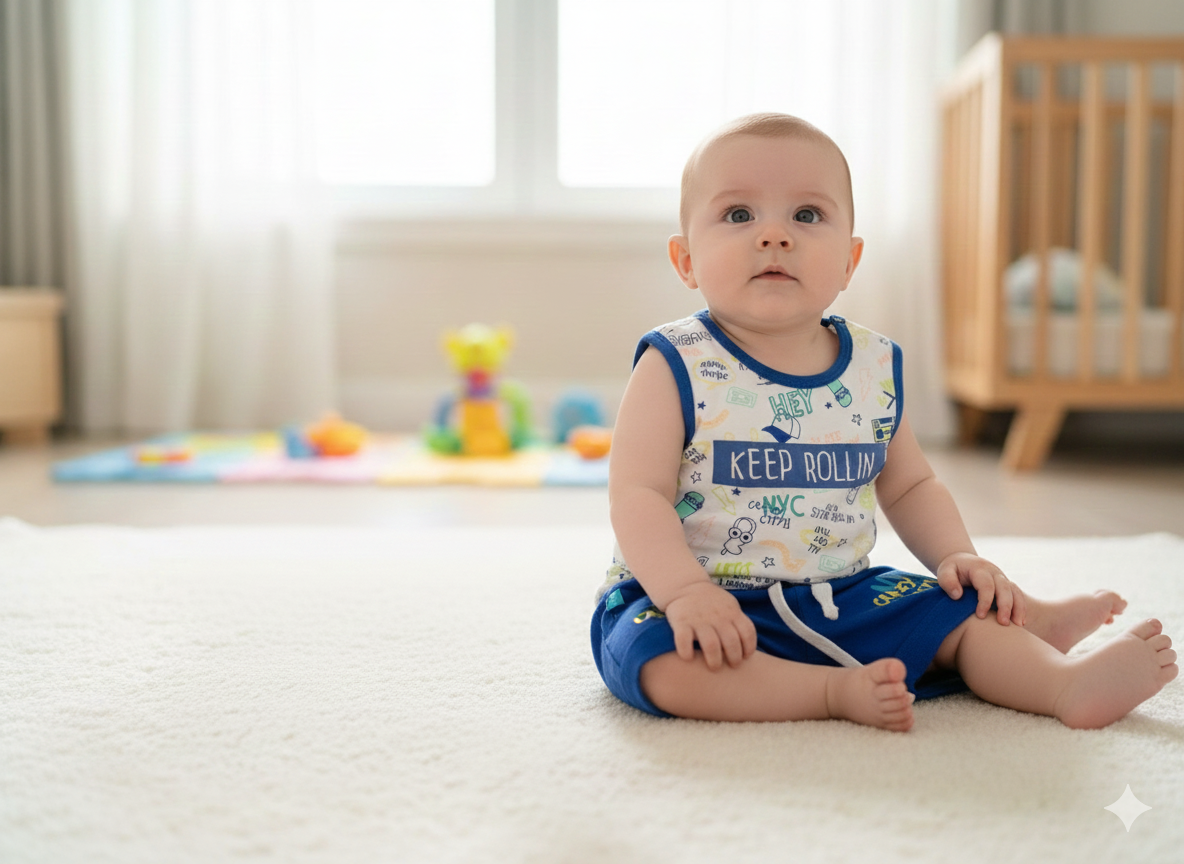 Bebé sentado a usar roupa com texto KEEP ROLLIN no quarto com berço