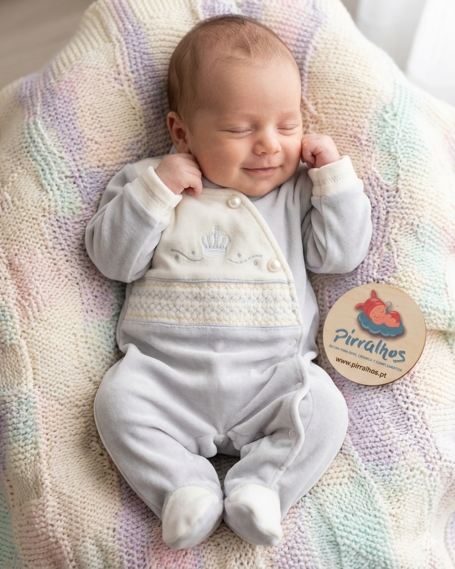 Bebé vestido com macacão cinzento claro com detalhes creme e coroa bordada, a dormir na manta de malha multicolorida com etiqueta da Pirralhos