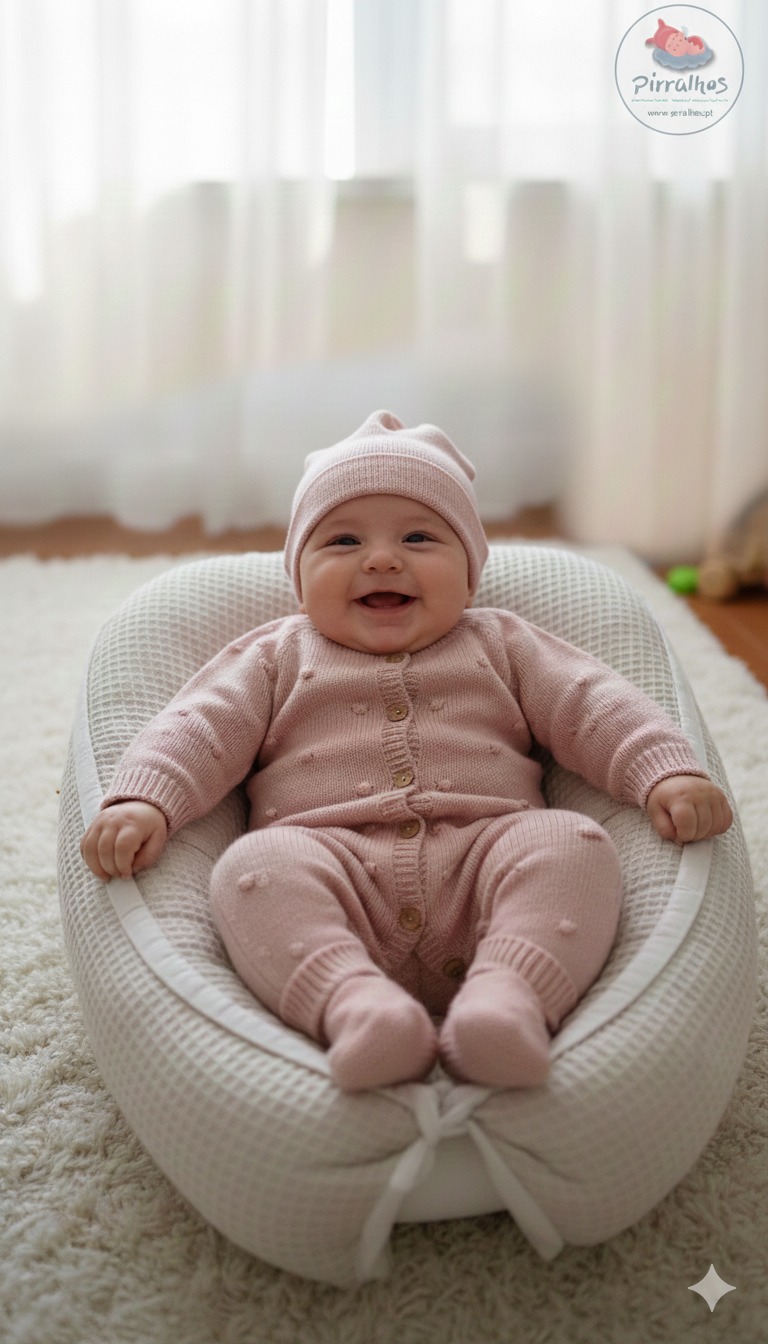 Bebé sorridente em fato e gorro rosa num ninho de bebé branco