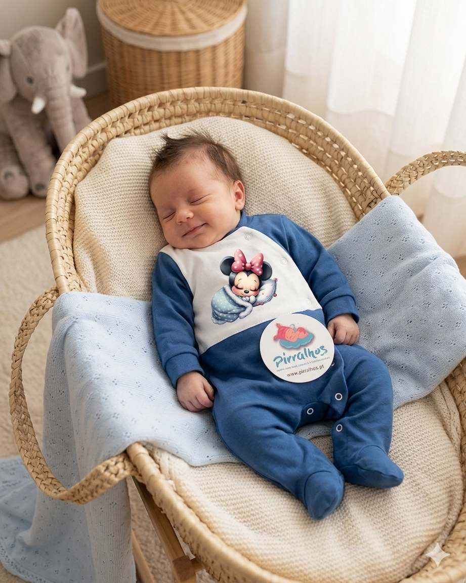 Bebé a dormir em alcofa forrada com manta e almofada azul, vestido macacão com estampa da Minnie bebé e etiqueta Pirralhos.