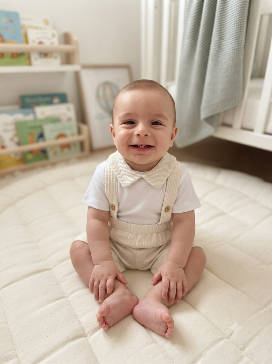Bebé sentado com roupa branca e bege num quarto com estante de livros e berço.
