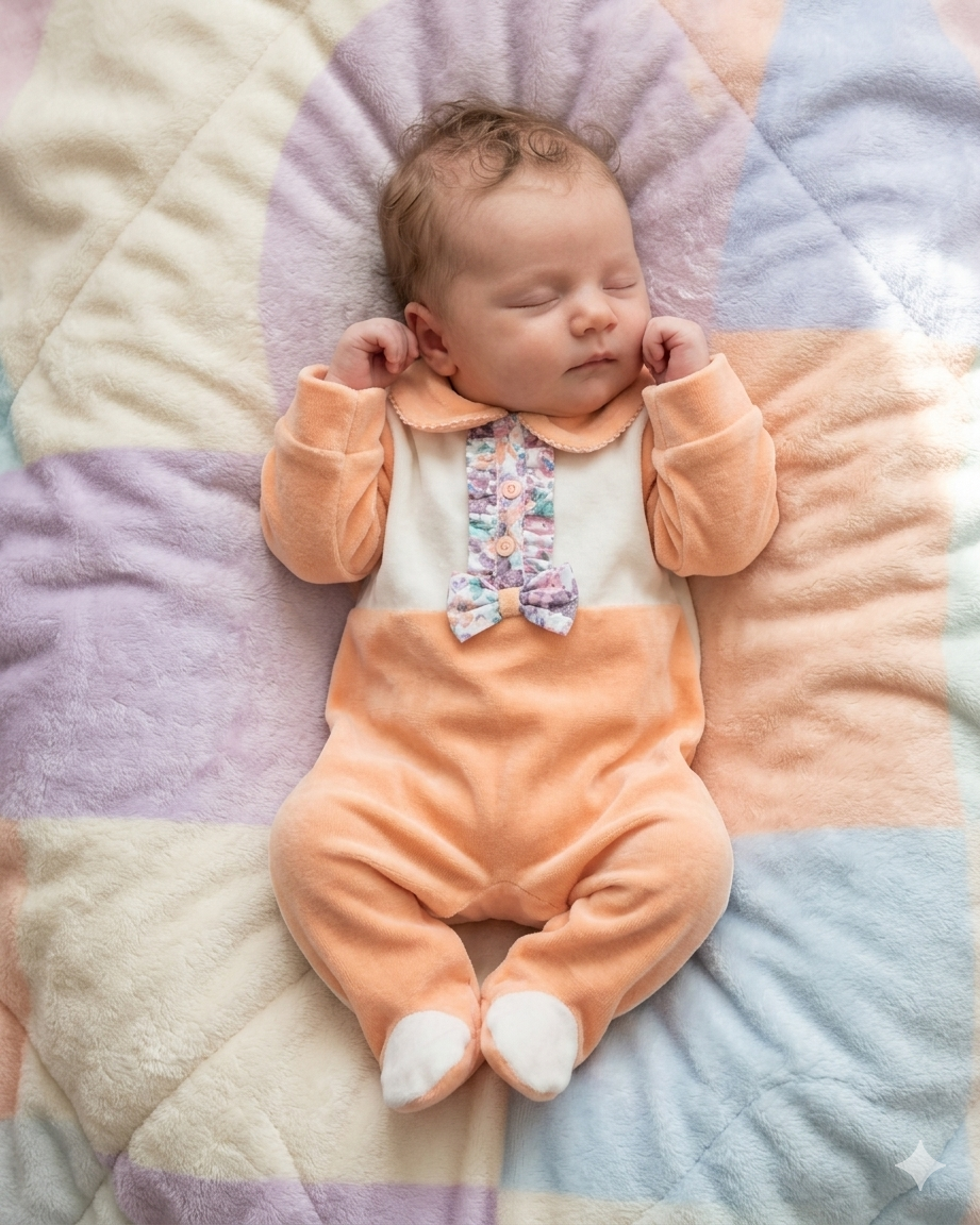 Bebé a dormir com fato pêssego e branco com laço, sobre manta pastel