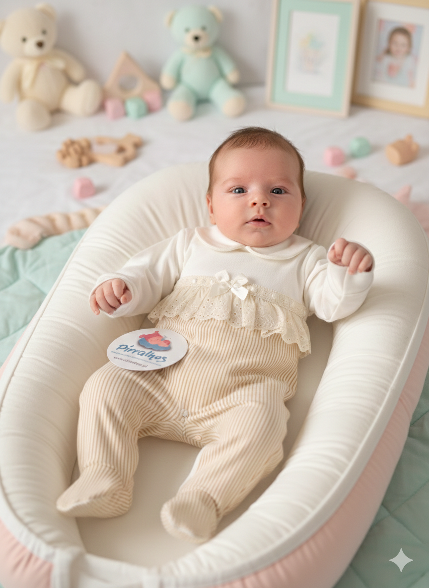 Bebé deitado num ninho de cama rodeado de brinquedos e molduras