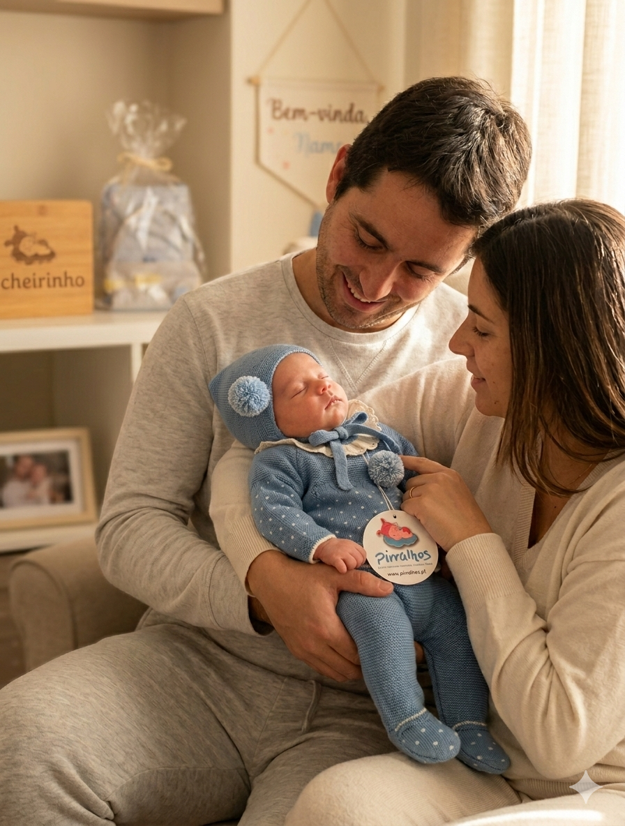 Roupa de bebé em malha azul com pompons e etiqueta