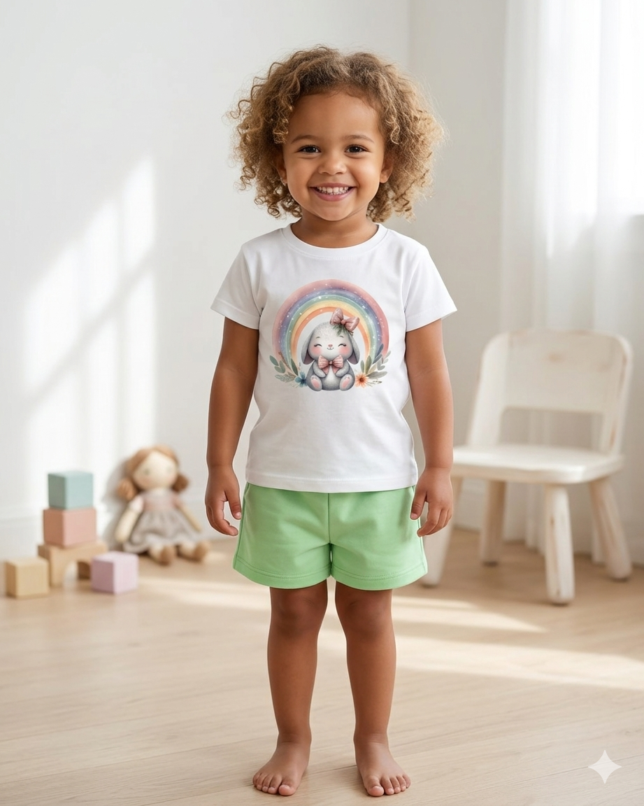 Criança sorridente com camisola branca estampada e calções verdes em ambiente interior claro