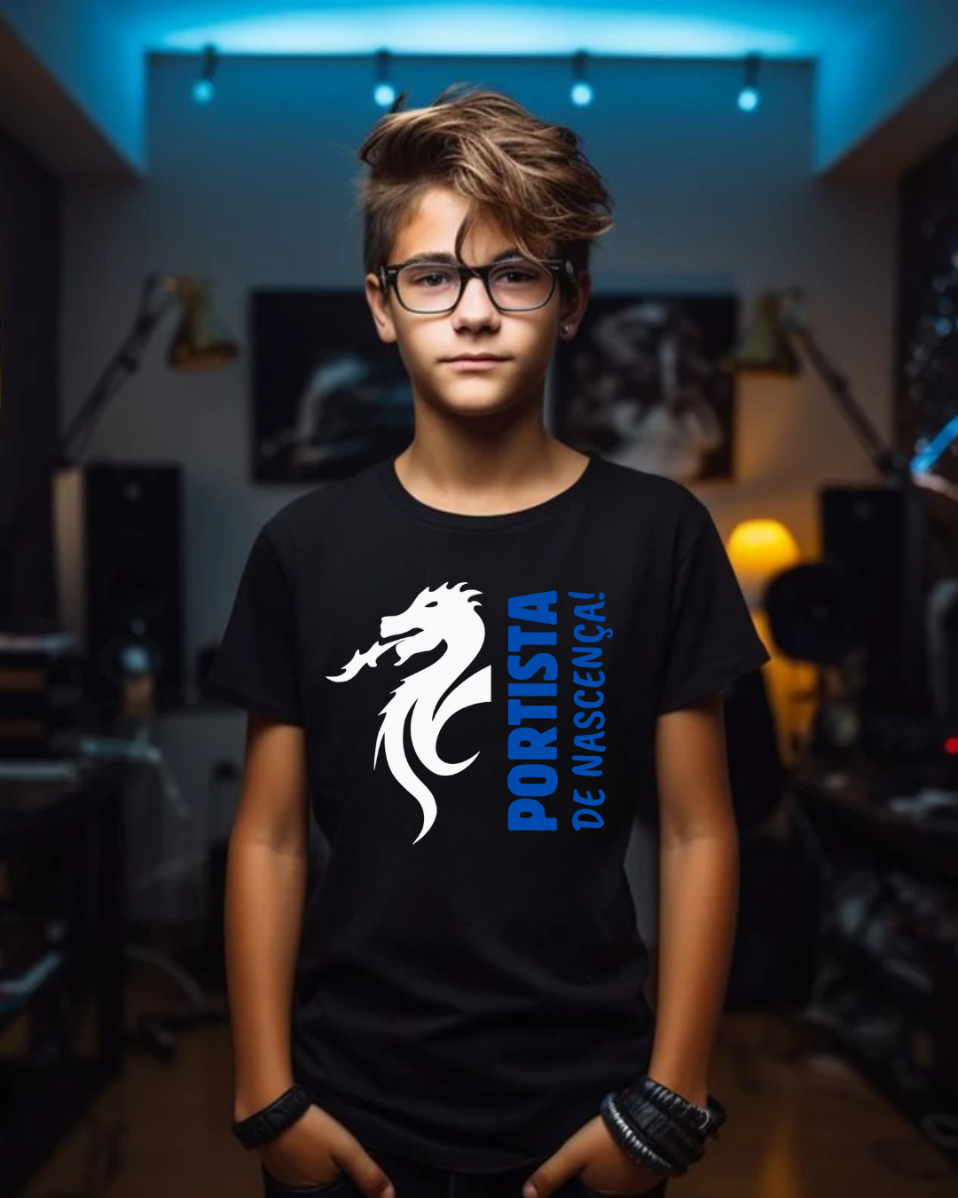 Rapaz jovem com óculos a usar camiseta preta com dragão branco e texto azul 'PORTISTA DE NASCENÇA'
