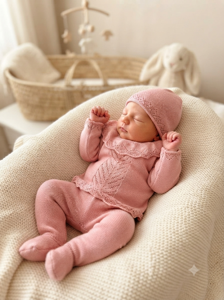 Bebé a dormir com roupa de malha rosa sobre almofada creme