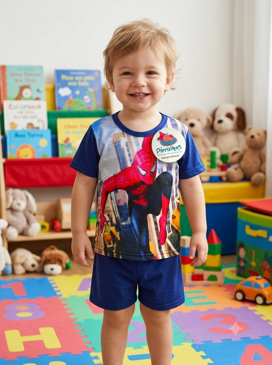 Menino com camisola do Homem-Aranha e calções azuis numa sala de brincadeiras colorida