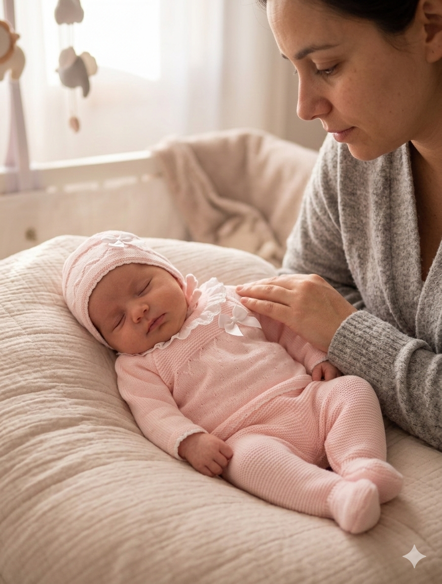Conjunto de roupa de malha rosa claro para bebé com detalhes em branco, com bebé deitada e mulher ao lado