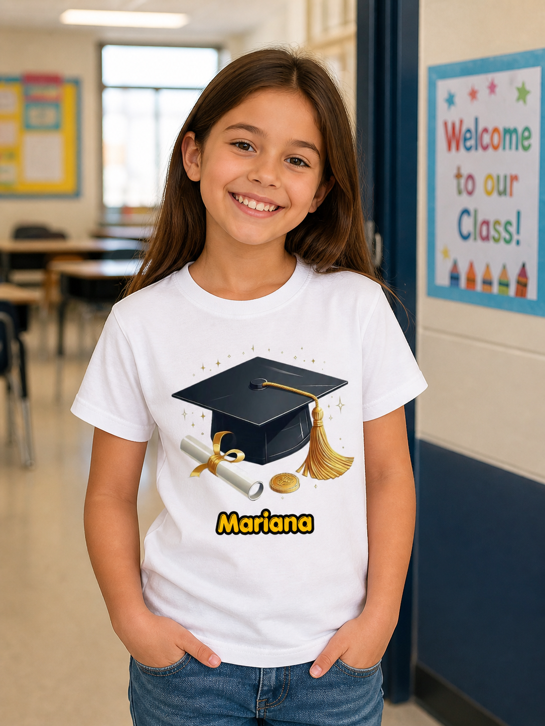 Camisola branca com estampado de chapéu de formatura, diploma e nome Mariana