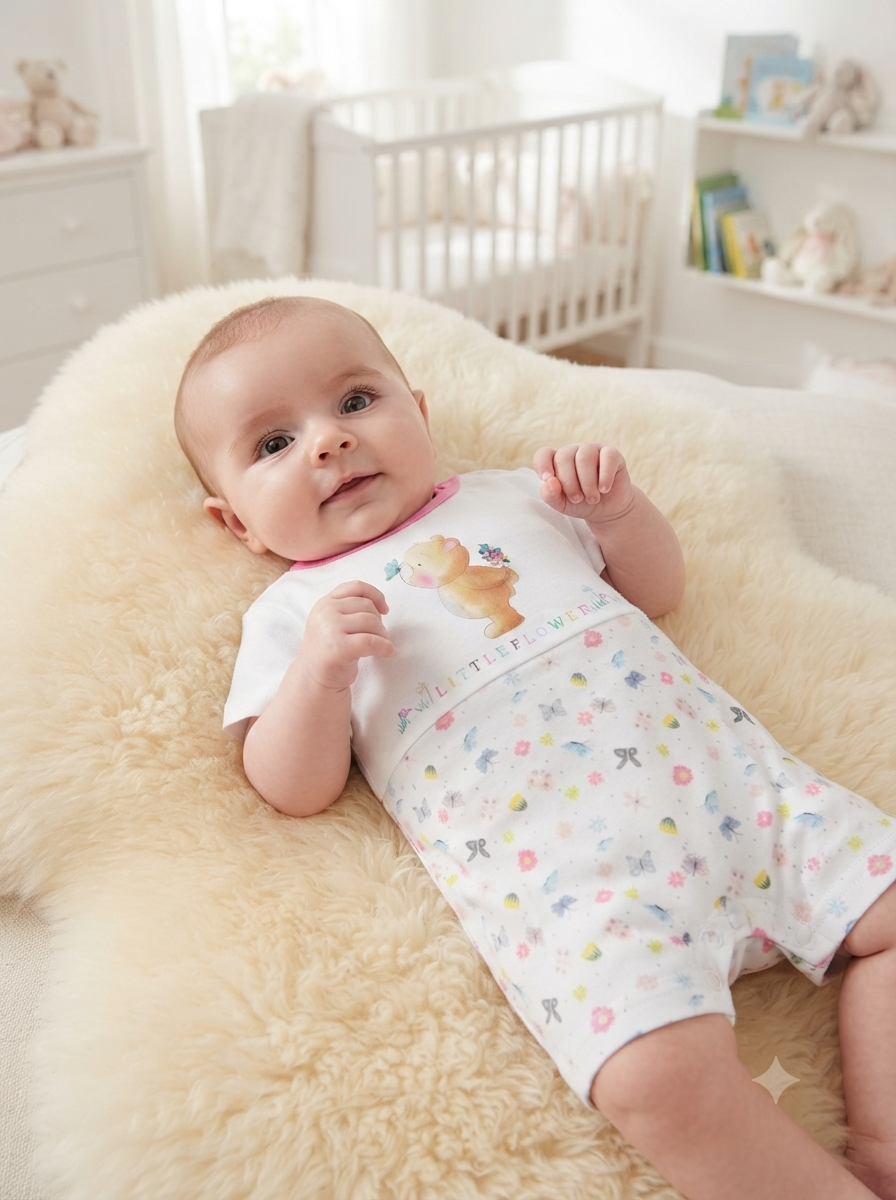 Babygrow branco com padrão floral e imagem de urso, bebé deitado em almofada creme num quarto de bebé.