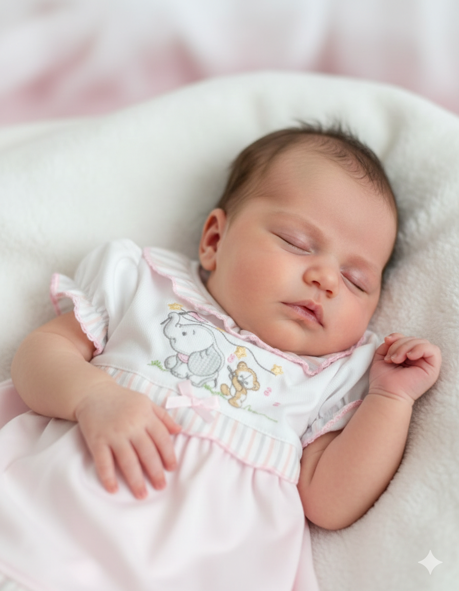 Bebé a dormir com vestido branco e rosa claro bordado de elefante e urso.