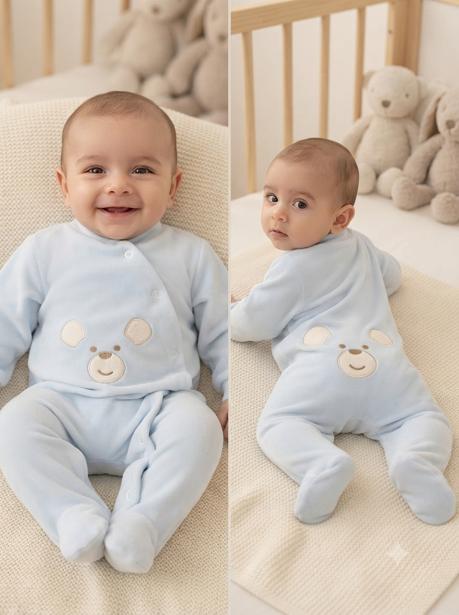 Bebé com macacão azul com rosto de urso sentado em fundo claro com ursos de peluche