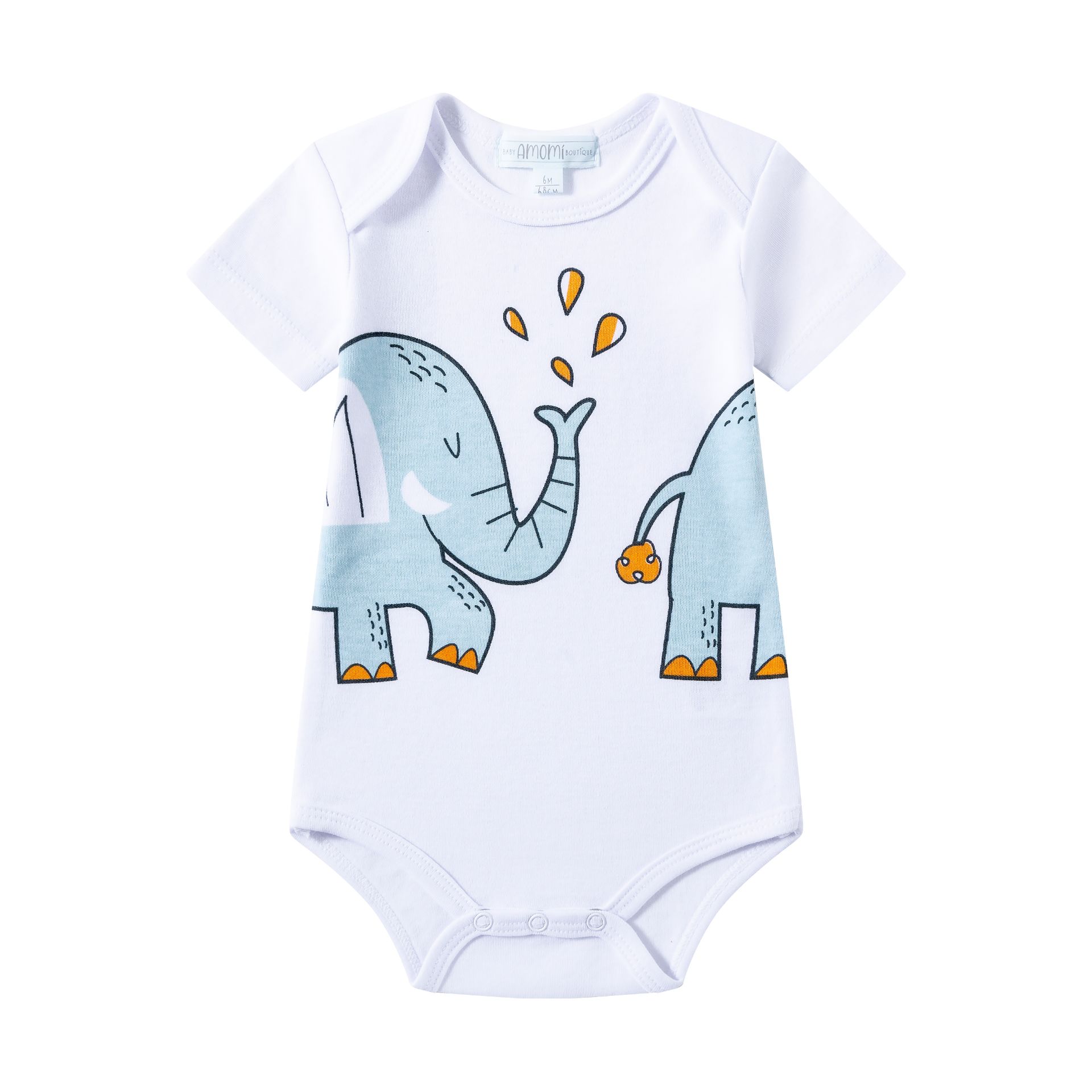 Body branco de bebé com elefantes azuis e detalhes laranja